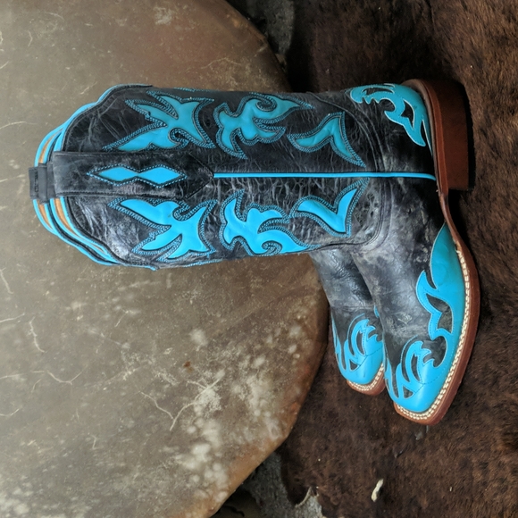 JOHNNY RINGO E1385 charcoal gray & turquoise wing tip boots square toe sz 6.5B - Picture 2 of 16